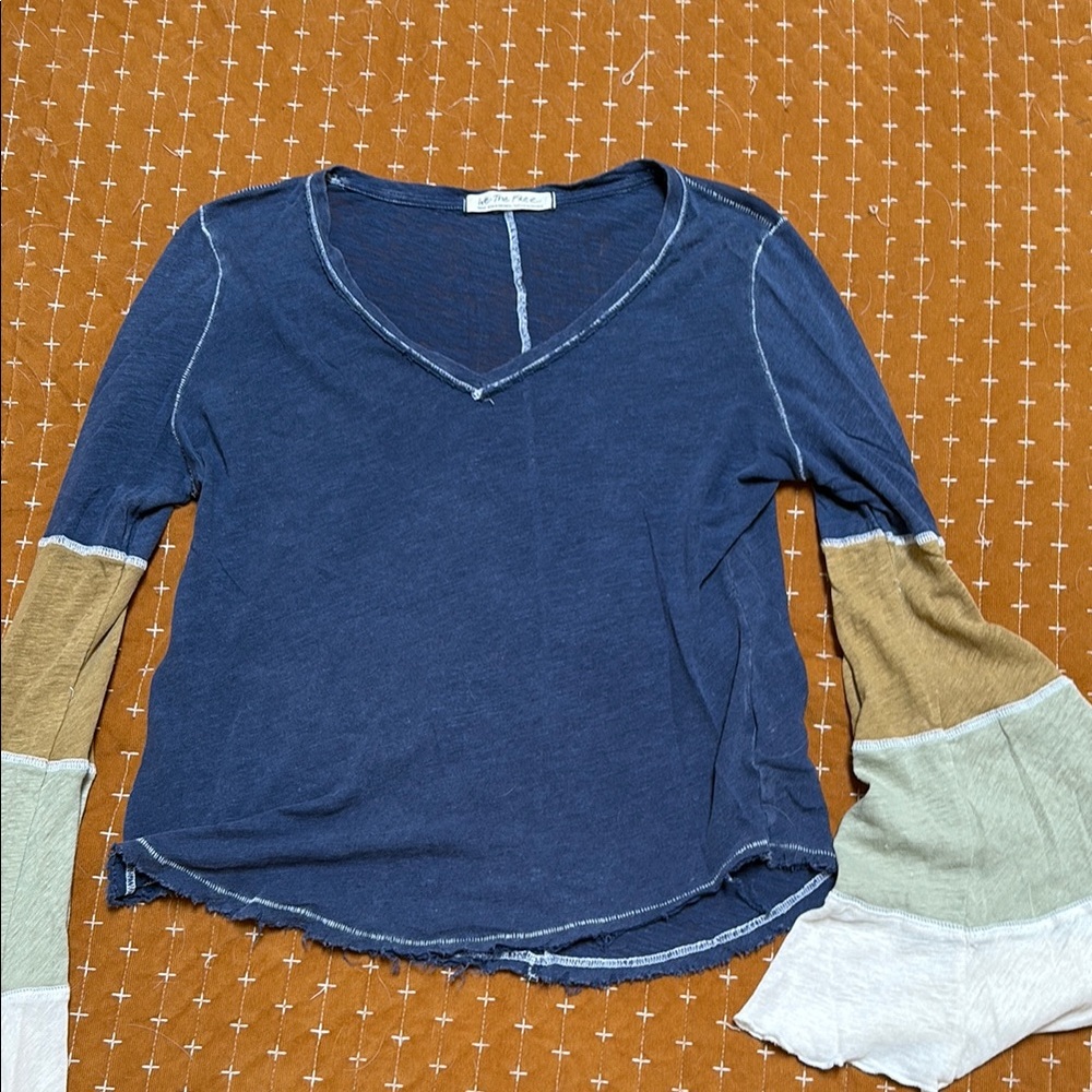 We The Free Asymmetrical Blue Tan 3/4 Sleeve Blouse